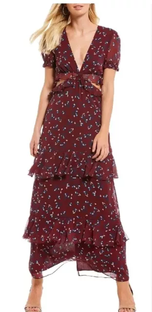 New Wayf Lavina Tiered Maxi Dress Medium Burgundy Floral Print Cut Out Ruffle