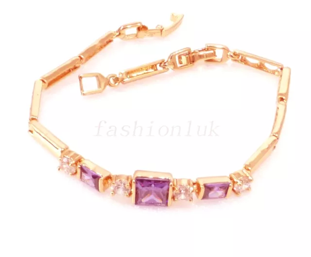 Womens Cubic Zirconia Bracelet 18K  Gold Plated 20cm 7.8" Clear Purple UK