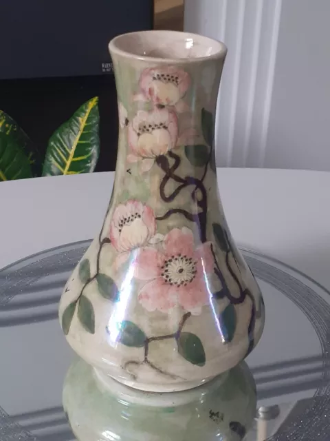 Antique Henry James Wood Green Flower Decorated Vase Burslem Ware