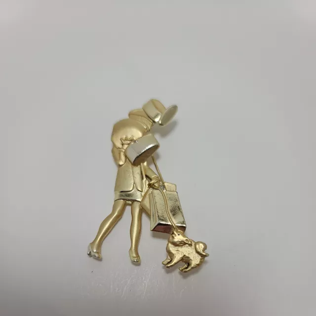 VTG AJC Gold Tone Shopping Spree Woman With Dog Brooch Signed Back stamp 60s