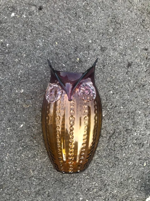 Pier 1 Large Hand Blown Glass Owl Vase Amber Amethyst Ombre Design