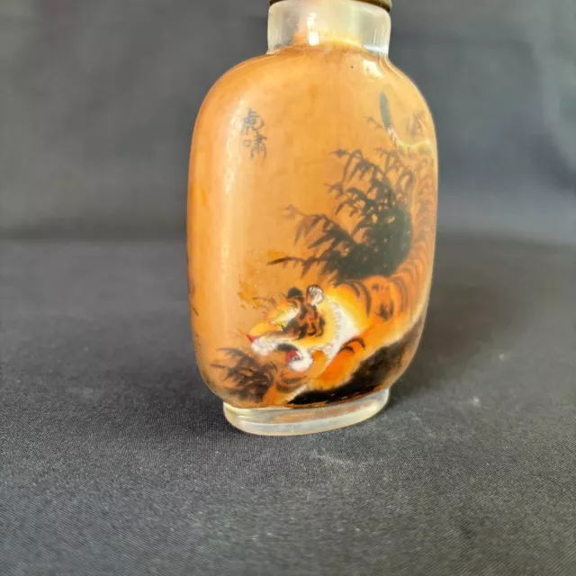 Old Peking Chinese Snuff Bottle Inside Painting Fierce Tiger Statue Glass Gift