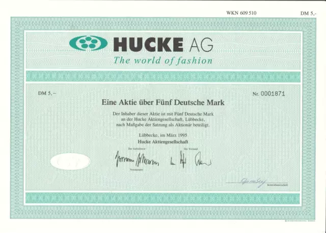 HUCKE AG - The world of fashion - Aktie über Fünf Deutsche Mark - Lübbecke 1995