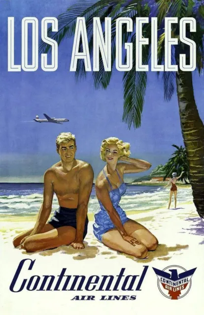 Vintage Illustrated Travel Poster CANVAS PRINT Los Angeles Continental A3