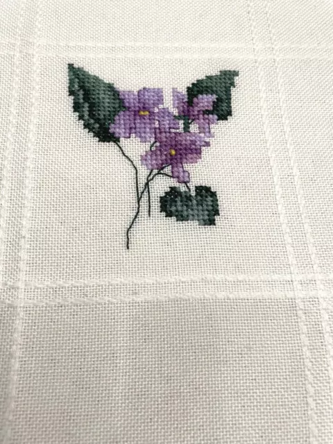 Hand Embroiderd Tablecloth White With Cross Stitched Violets & Fringe 48” x 30”