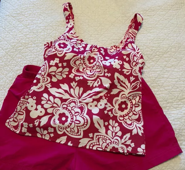 Land’s End Swimsuit 2 Piece Floral Tank Top Solid Shorts Pink Ladies Size 10