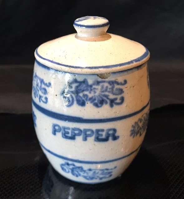 Small Blue & White Wildflower "PEPPER" Canister Spice Jar Stoneware Brush McCoy