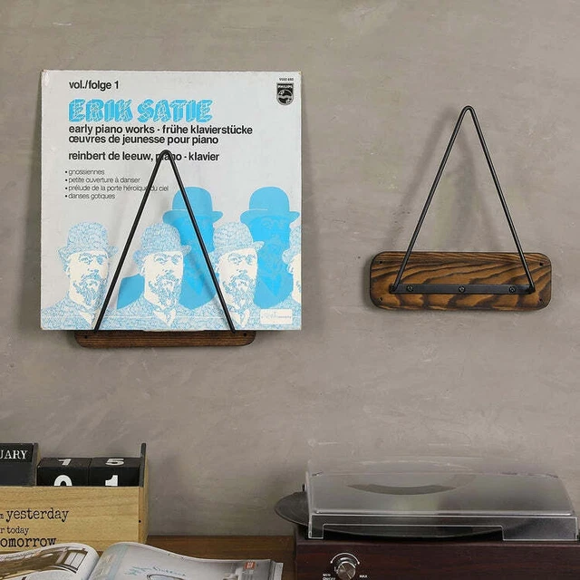 Wall Mounted Triangle Black Metal Vinyl Record Holder with Burnt Wood, Set of 2