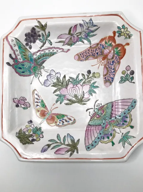 Trinket Dish Plate Floral Butterflies Ceramic Hand Painted Decorative Enamel