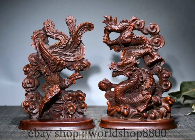 4.8" Rare Old Chinese Boxwood Wood Hand Carved Wealth Dragon Phoenix Statue