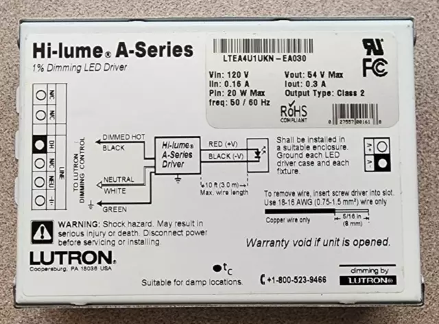 LUTRON Hi-Lume A-Series 1% Dimming LED Driver LTEA4U1UKN-EA030