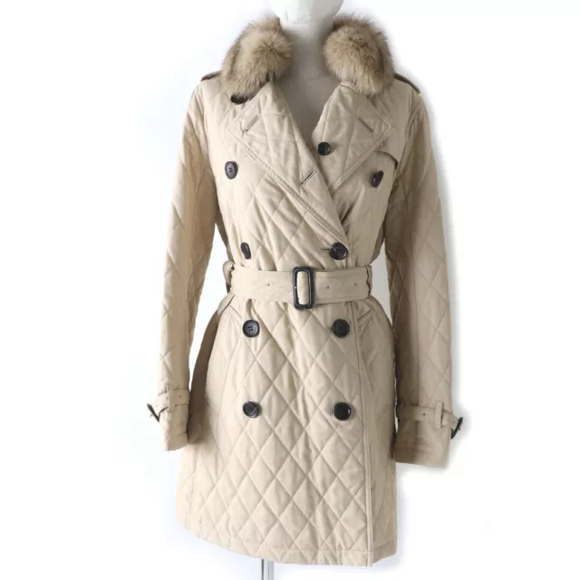 Burberry London FR070 625 41 Fox Fur Collar Filled Quilted Trench Coat Beige