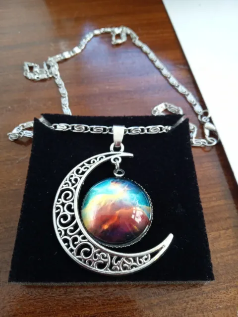 4b#: Galaxy Pendant Silver Necklace Colourful Glass Hollow Crescent Moon