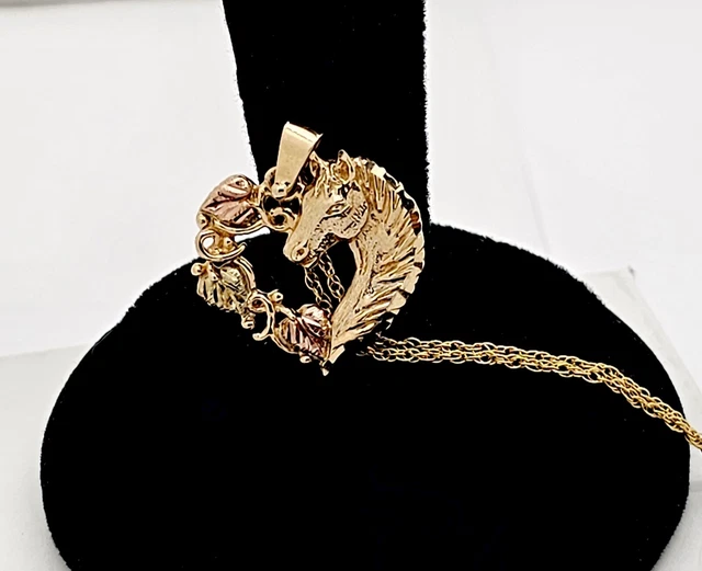 Landstrom's 10K Solid Black Hills Gold Horse Head Heart Pendant W/Gf Necklace