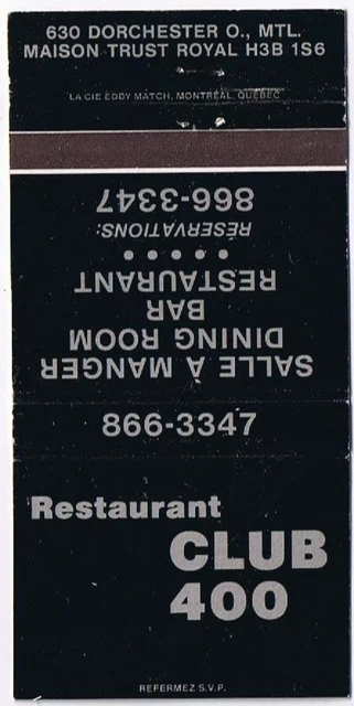 Matchbook Cover Restaurant Club 400 Montreal Quebec