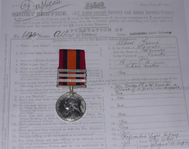 QSA MEDAL 3 CLASPS TO 1st OXFORD LIGHT INFANTRY. + Papers and Rolls
