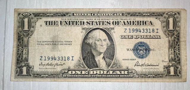 1935 F Series One Dollar Silver Certificate Note Signatures Priest-Anderson