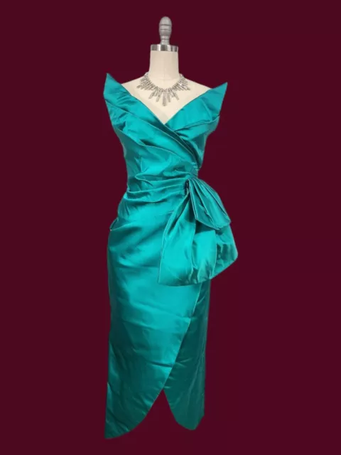 Vtg 80s 50s Prom Dress Small Victor Costa Strapless Corset Ruched Wing Teal Silk 2