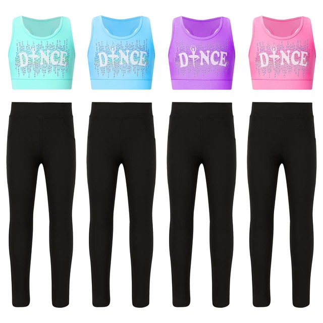 Girls Sport Outfit Sleeveless Crop Top And Leggings Elastic Waistband Dancewear