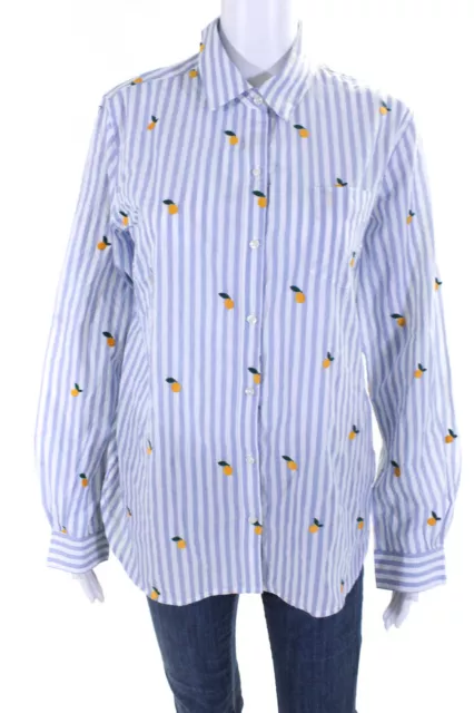 Birds of Paradis Women's Striped Fruit Embroidered Button Down Shirt Blue Size M