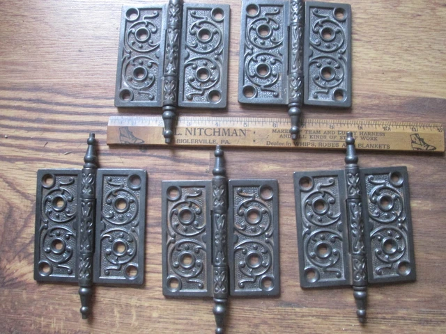 5 Antique Victorian Door Cabinet Cast Iron Steeple Hinges 4”X 4" NO SCREWS