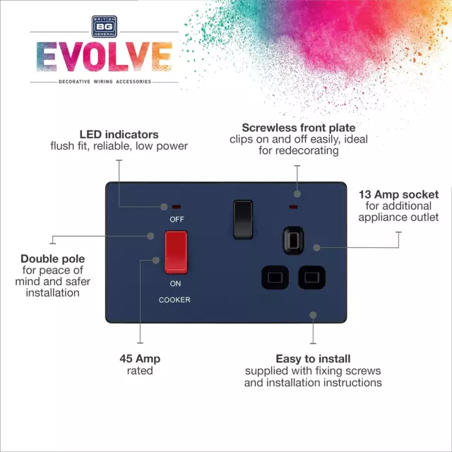 Evolve Cooker Control Socket, Double Pole Switch with LED Power Indicators, 13A, 2