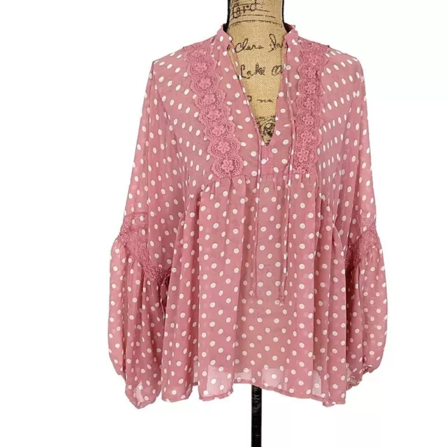 Umgee Womens sz L Top Pink White Polka Dot Sheer Long Bell Sleeve V Neck
