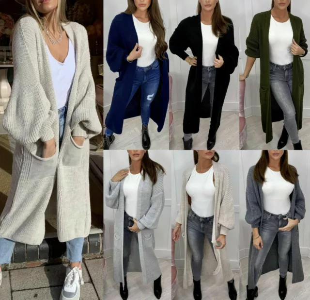 Women's Ladies Chunky Knitted Oversized Balloon Sleeve Long Jumper Maxi Cardigan