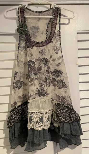 Girls Size 6 Vintage Tunic Floral Dress w/ Lace, Beads & Flower