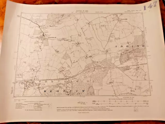 Original 1909 OS Sheet Map Wrotham Borough Green Addington Trottiscliffe Platt