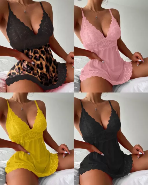 Women Ladies  Lace Nightwear Mini Dress Sexy Lingerie Bodysuit Underwear Fishnet