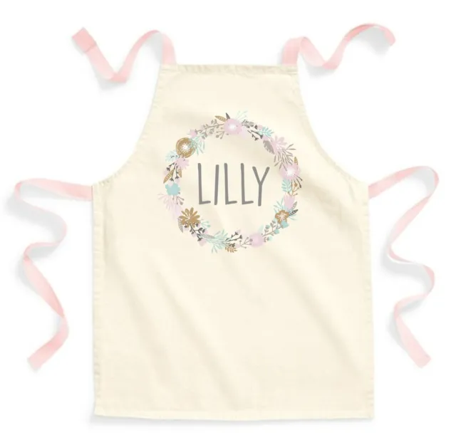 Girls Personalised Name Pink Wreath Fairtrade Cotton Craft Apron School