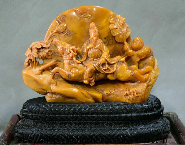 6" Chinese Natural Shoushan Stone Carved Old Man Immortal God Deer Boy Statue