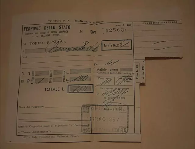 TORINO - BRUZOLO / Biglietto TRENO 1957 - MILITARE / ITALY TRAIN Ticket