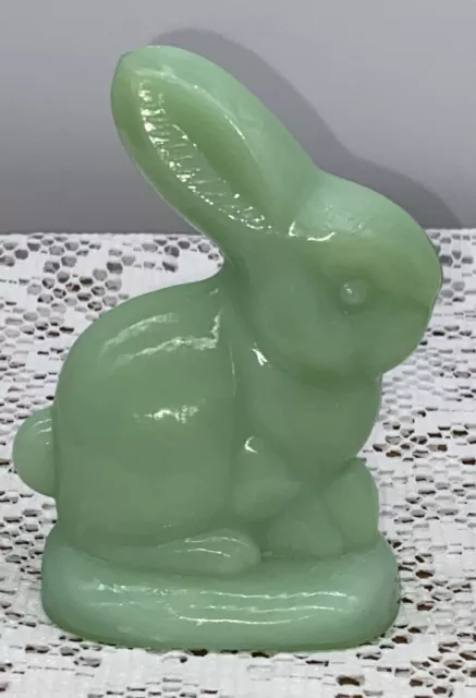 Jadeite 3.5” Bunny Rabbit Sitting Happy Easter Green Glass Vintage