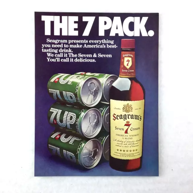 SEAGRAM'S SEVEN CROWN WHISKEY 70s Vintage Print Ad THE 7 PACK 7UP Seven & Seven