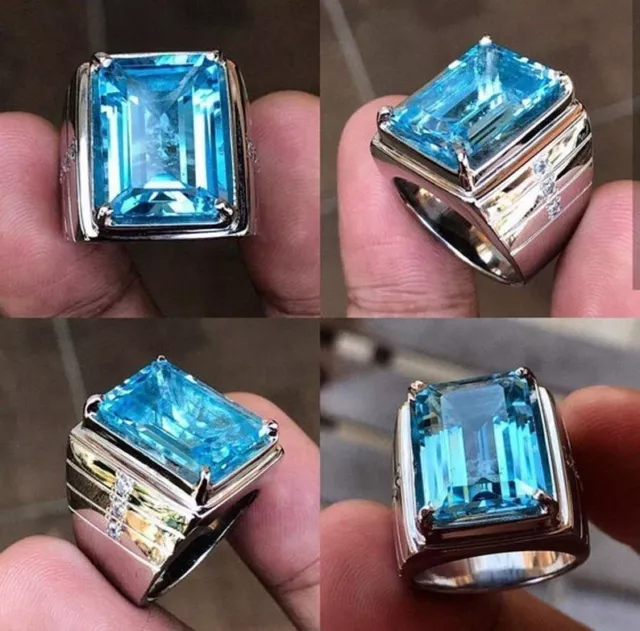 Solid 925 Sterling Silver Natural Swiss Blue Topaz Gemstone Partywear Men's Ring