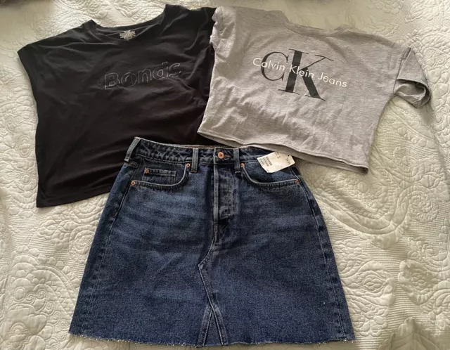 Ladies Clothing Set, X 3 items H&M Denim Skirt Size 12, Bonds & CK Cropped Tops