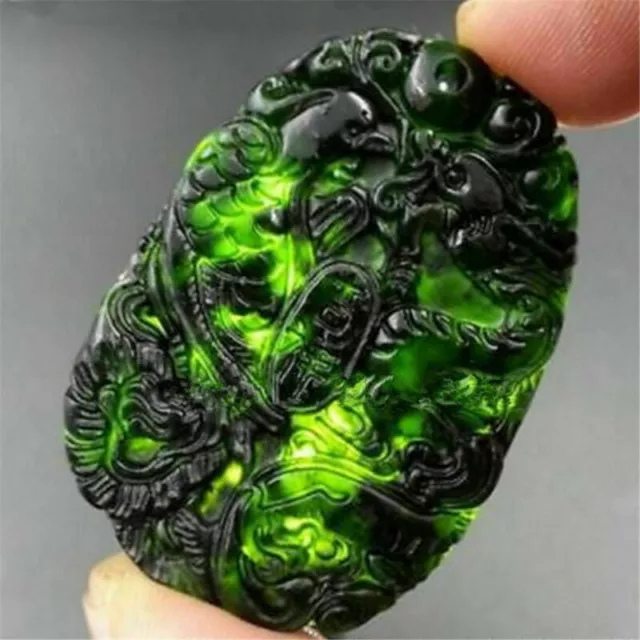 Natural Black Green Jade Carved Dragon Phoenix Necklace Pendant Jewelry Chinese