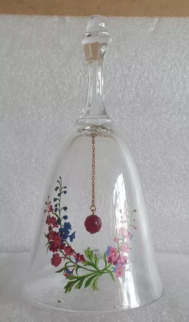 Vintage 1980's Avon 24% Lead Crystal Bell With Red Gem Clapper + Floral Design