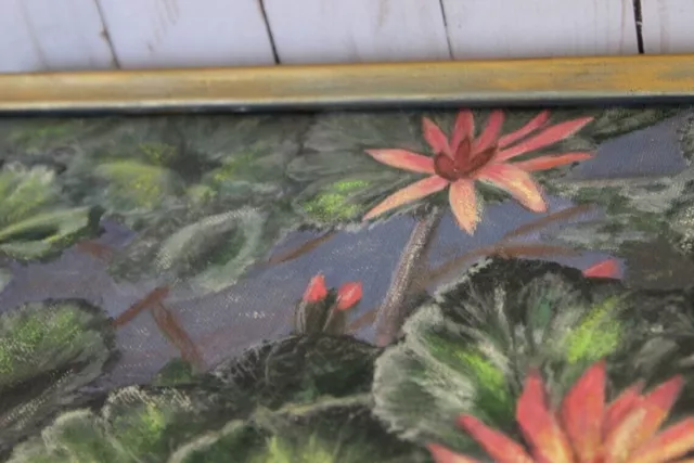 VTG Water Lily Pads Lily Pond Landscape Oil Painting signed plein air Framed 3