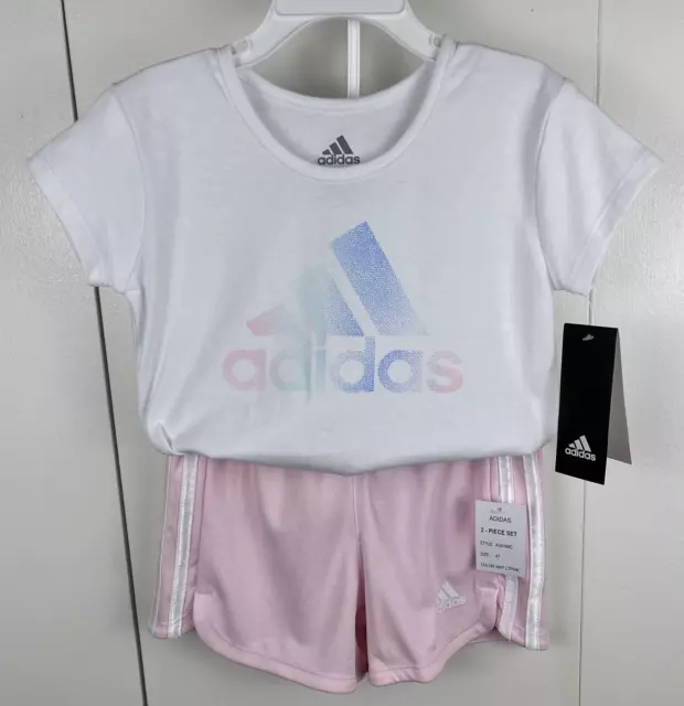 Adidas 2 Piece Set Girls Size 3T Shorts T Shirt White Pink Blue Logo