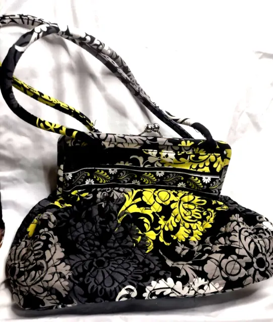 Vera Bradley Baroque Bag Purse Quilted Grey Yellow Black Kiss Top Handles VTG