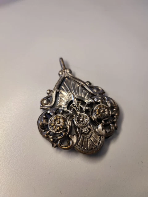 Collier Art Nouveau Ancien - Pendant Métal Argenté Avec Pâte De Verre Floral, Occasion