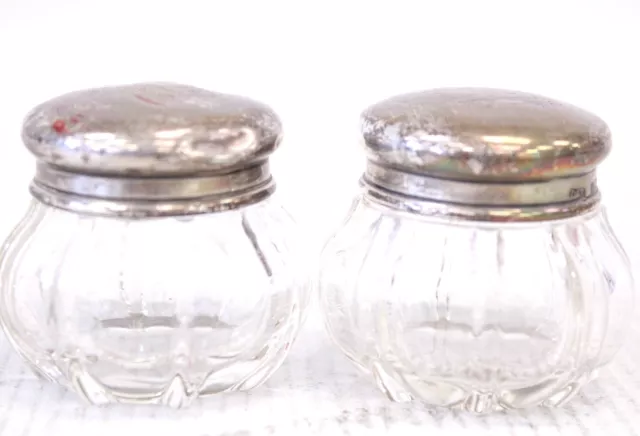 Antique 1904 STERLING SILVER Lidded Birmingham Cut Glass Trinket Containers-P05