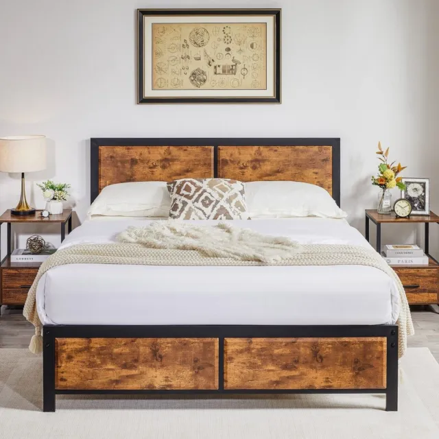 Bed Frame With Wooden Headboard Twin/Full/Queen Size Heavy Duty Metal Platform