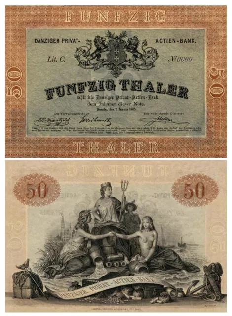 50 Thaler, Fünfzig Thaler,  1865, Danziger Privat Actien-Bank,  Reproduktion 