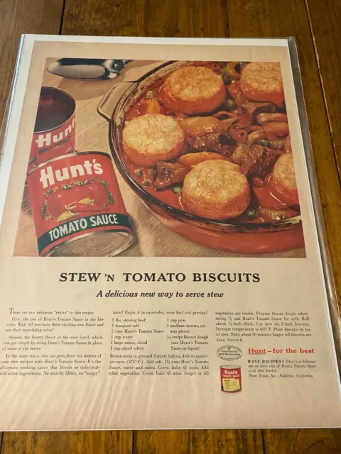 Vintage 1956 Hunts Tomato Sauce Stew 'N Tomato Biscuits Recipe ad