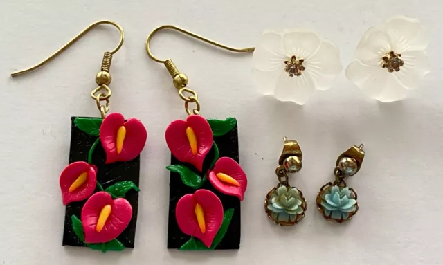 Lot of 3 Flower Dangle Pierced Stud Earrings Hibiscus Anthurium Tropical