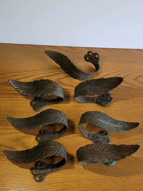 7pc Antique Cast Metal Curtain Drapery Tie Back Hook Leaves/Feathers Victorian 2